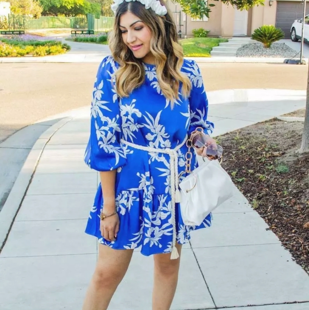 ALEXIS Floral Long Sleeve Rope Belt Tiered Dress